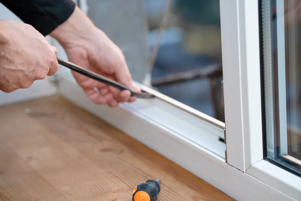 un homme changeant une fenetre de mobil-home